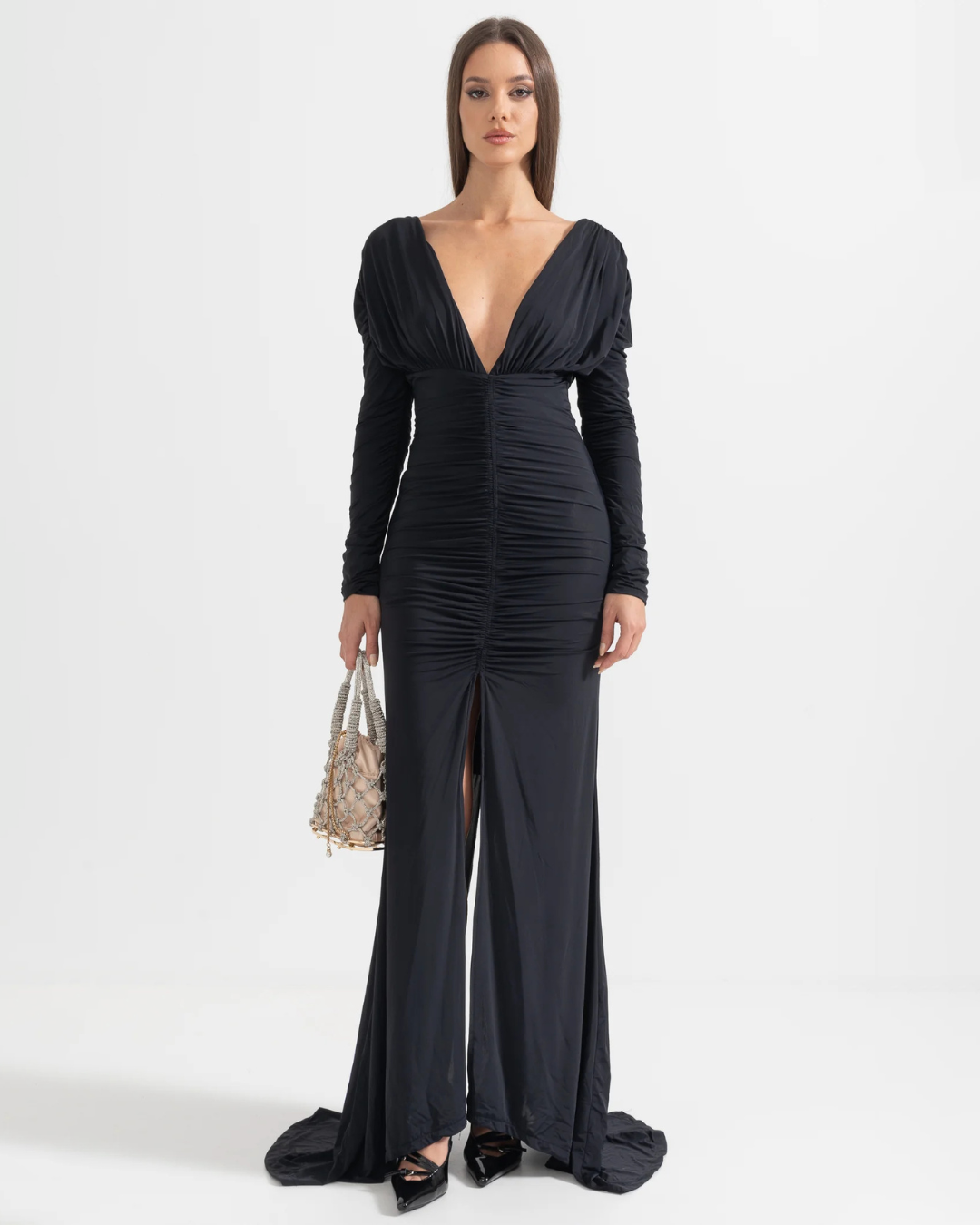 V-neck Slit Long Sleeve Maxi Dress