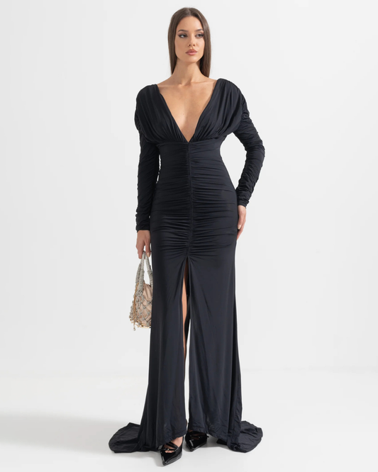 V-neck Slit Long Sleeve Maxi Dress