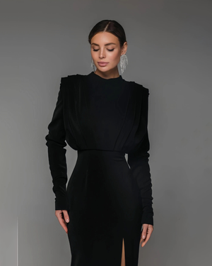 Solid High Split Long Sleeve Midi Dress