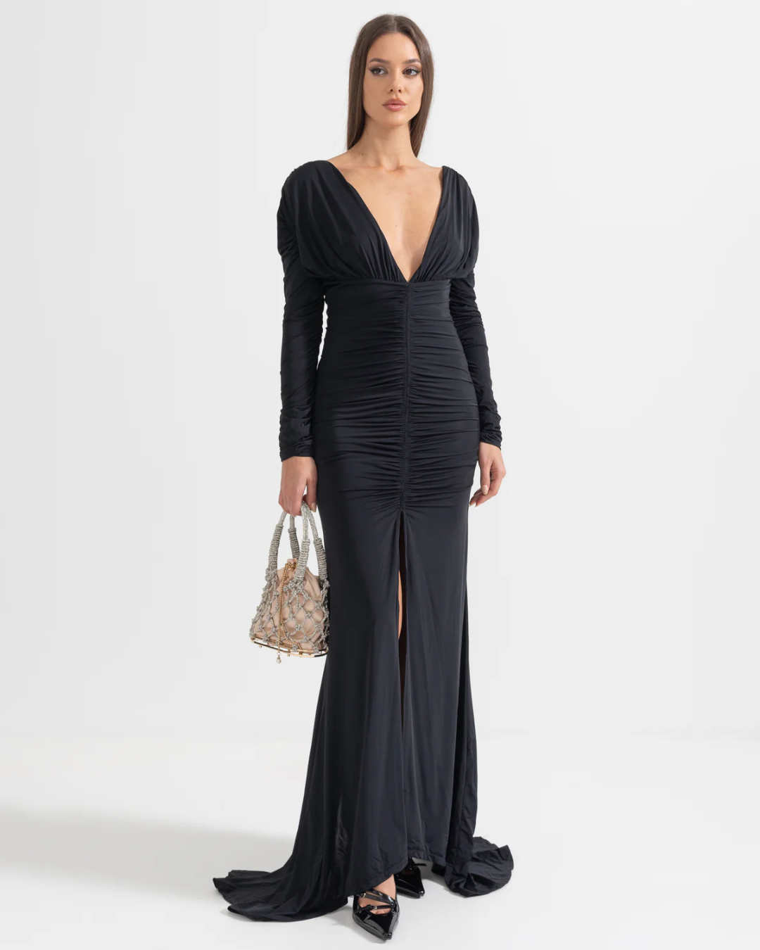 V-neck Slit Long Sleeve Maxi Dress