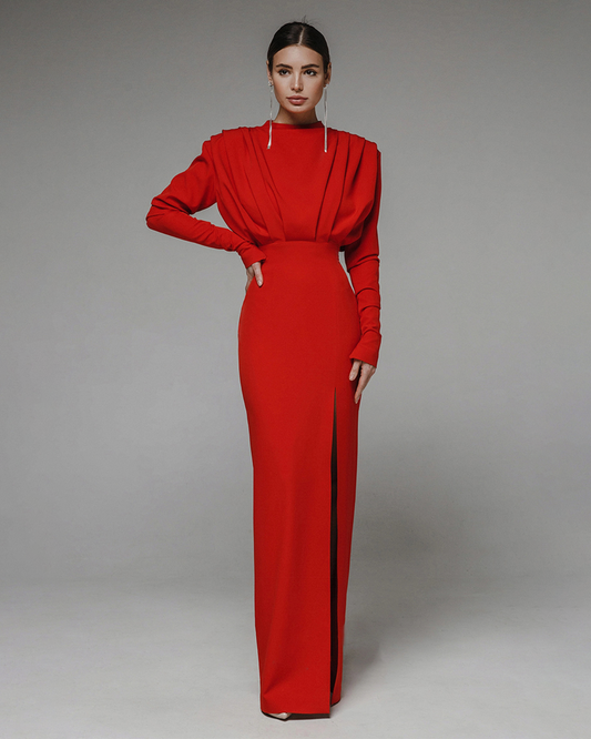 Solid High Split Long Sleeve Midi Dress