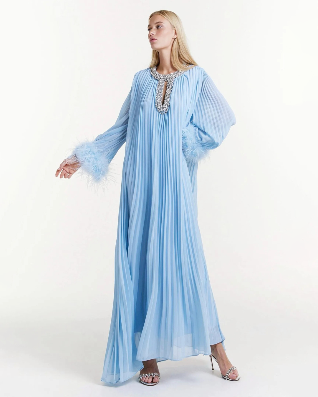 Diamante Pleated Maxi Chiffon Dress