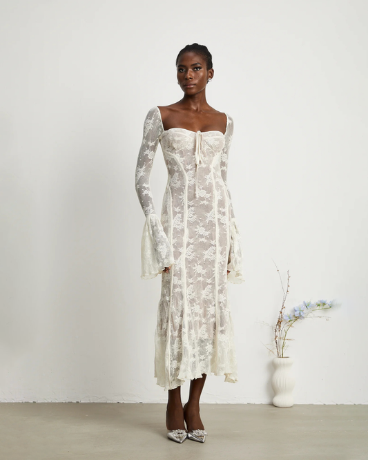 Marlene Flared Lace Maxi Dress in White