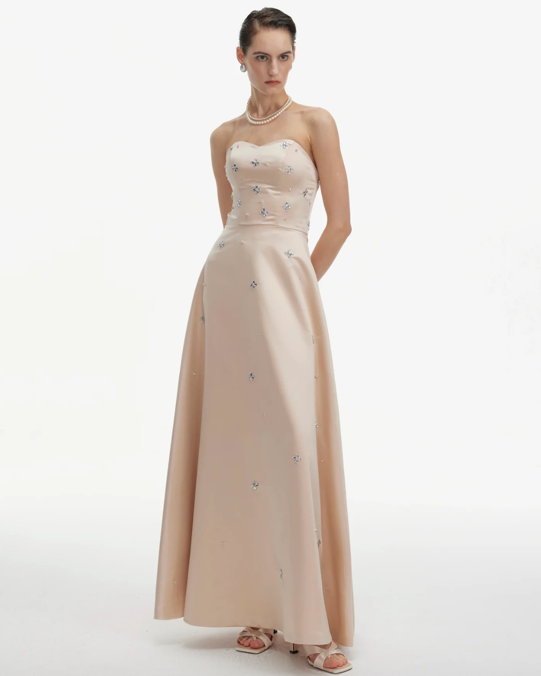 Elegant Embellishments Strapless Satin Maxi Dress