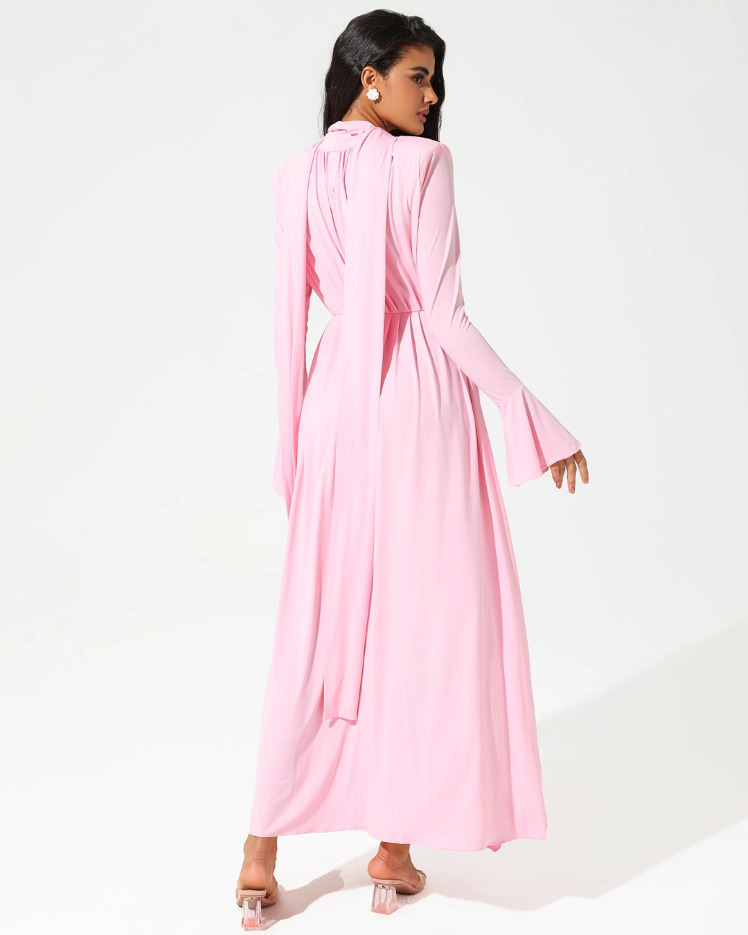 Lantern Sleeve High Collar Flower Slit Midi Dress