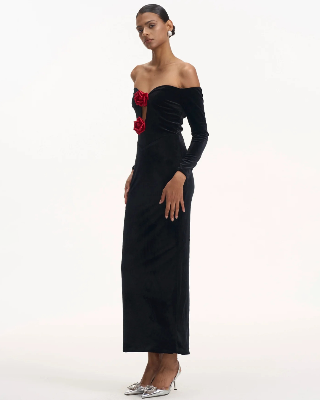 RoseVelvet Off-the-Shoulder Maxi Dress