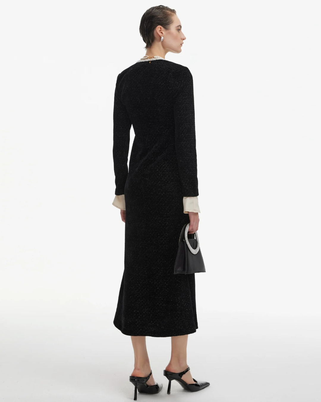 Elegant Tweed Long-Sleeved Midi Dress