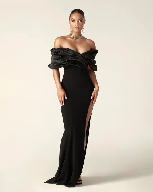 Sophia Off Shoulder Ruched Maxi Slit Dress