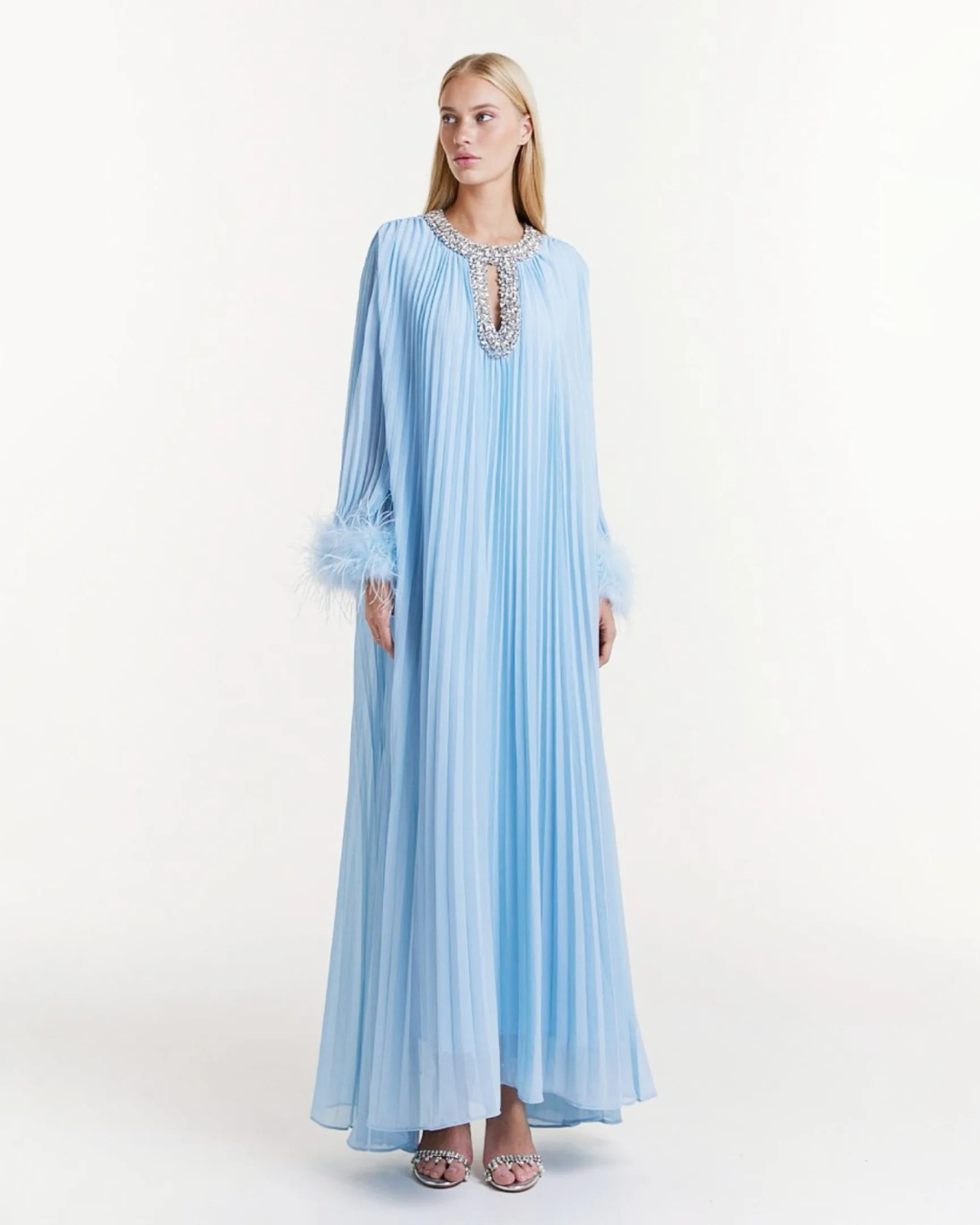 Diamante Pleated Maxi Chiffon Dress