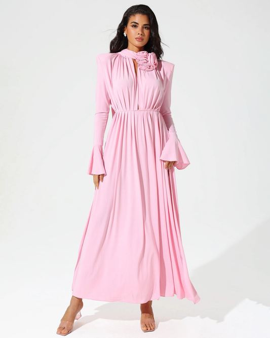 Lantern Sleeve High Collar Flower Slit Midi Dress