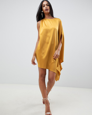 One Shoulder Drape Satin Midi Dress