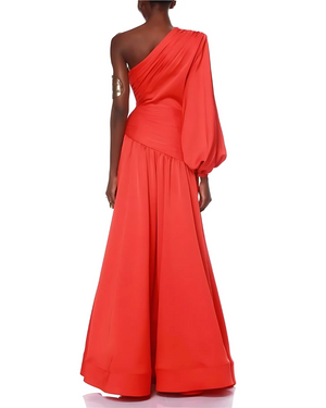 Satin Pleat One-Shoulder Long Sleeve Maxi Dress