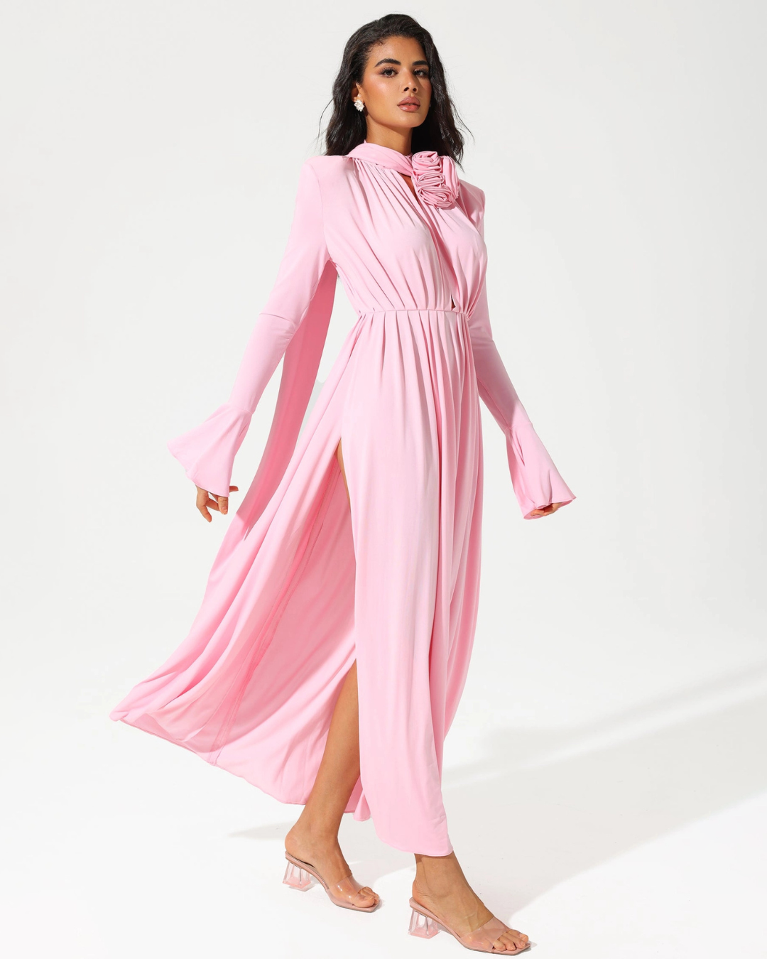 Lantern Sleeve High Collar Flower Slit Midi Dress