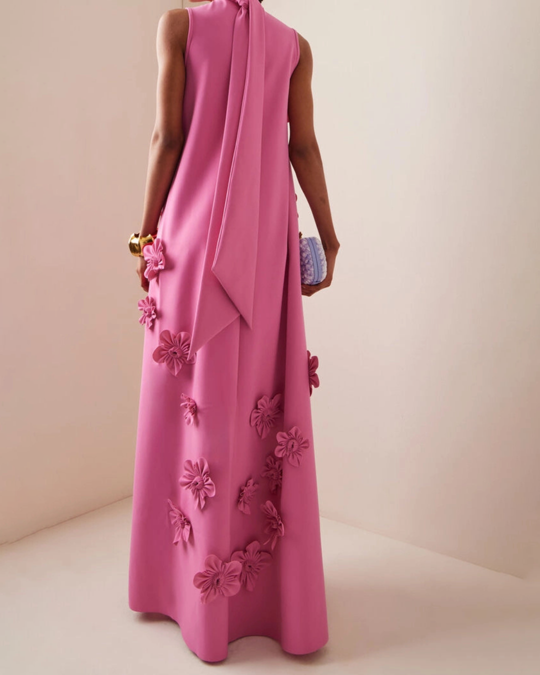 Embellished Floral Applique Gown Midi Dress