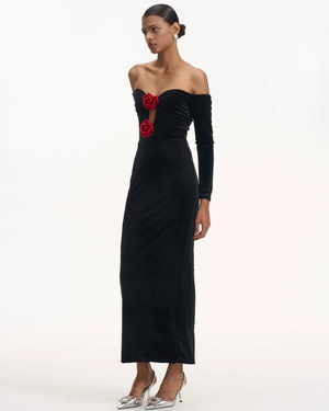 RoseVelvet Off-the-Shoulder Maxi Dress