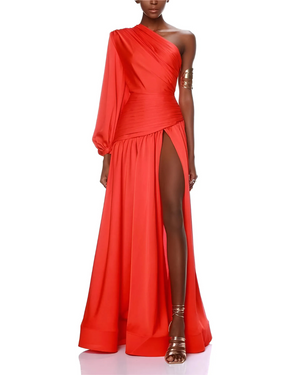 Satin Pleat One-Shoulder Long Sleeve Maxi Dress