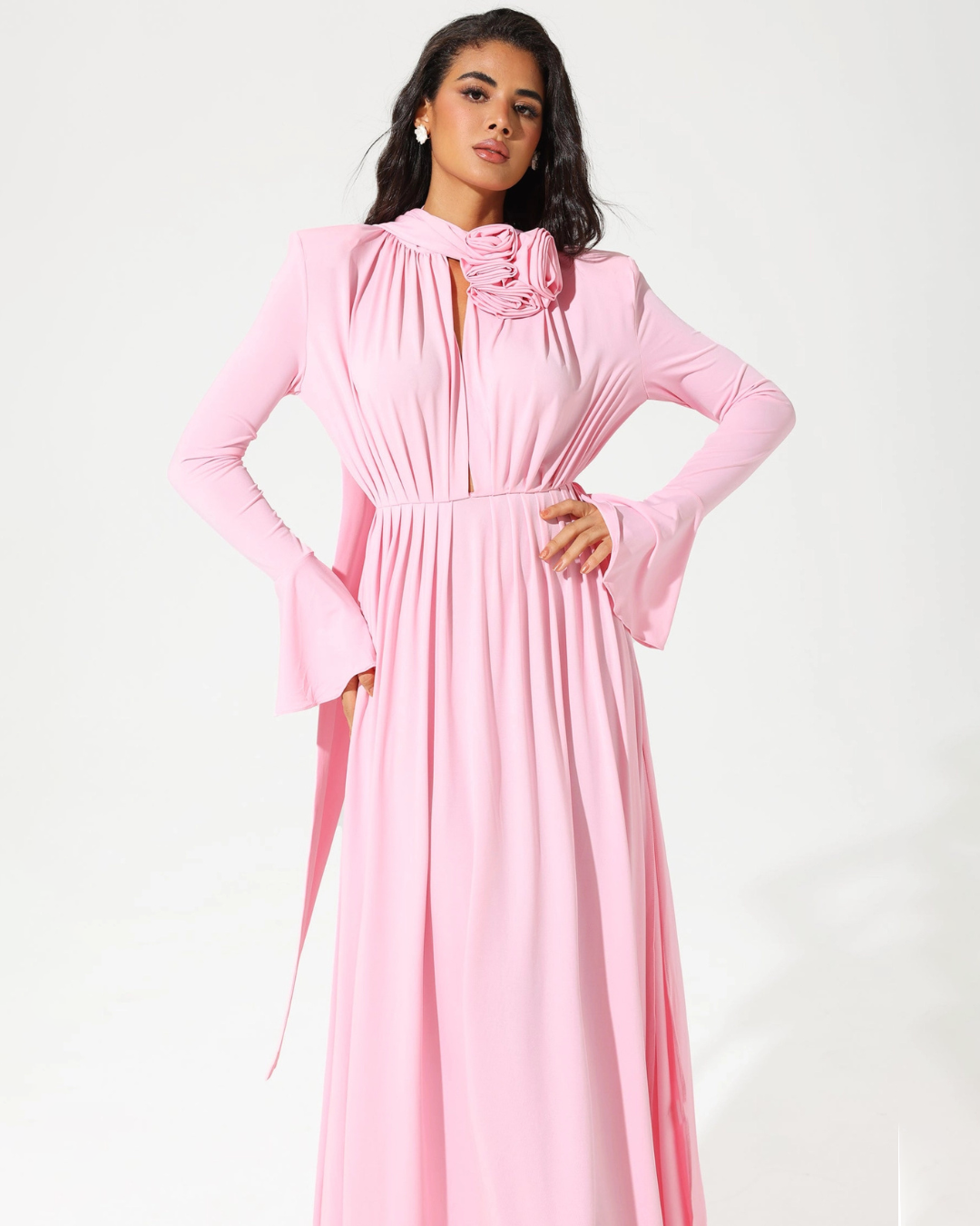 Lantern Sleeve High Collar Flower Slit Midi Dress