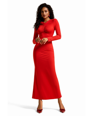 3D Floral Jersey Ruched Midi Dress