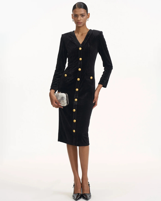 Gold Buttons Elegant Midi Dress