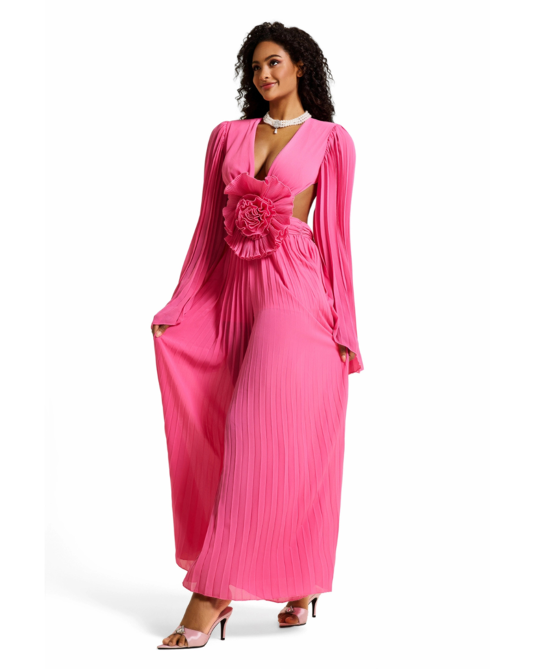 3D Flower Cut-Out Solid Maxi Dress