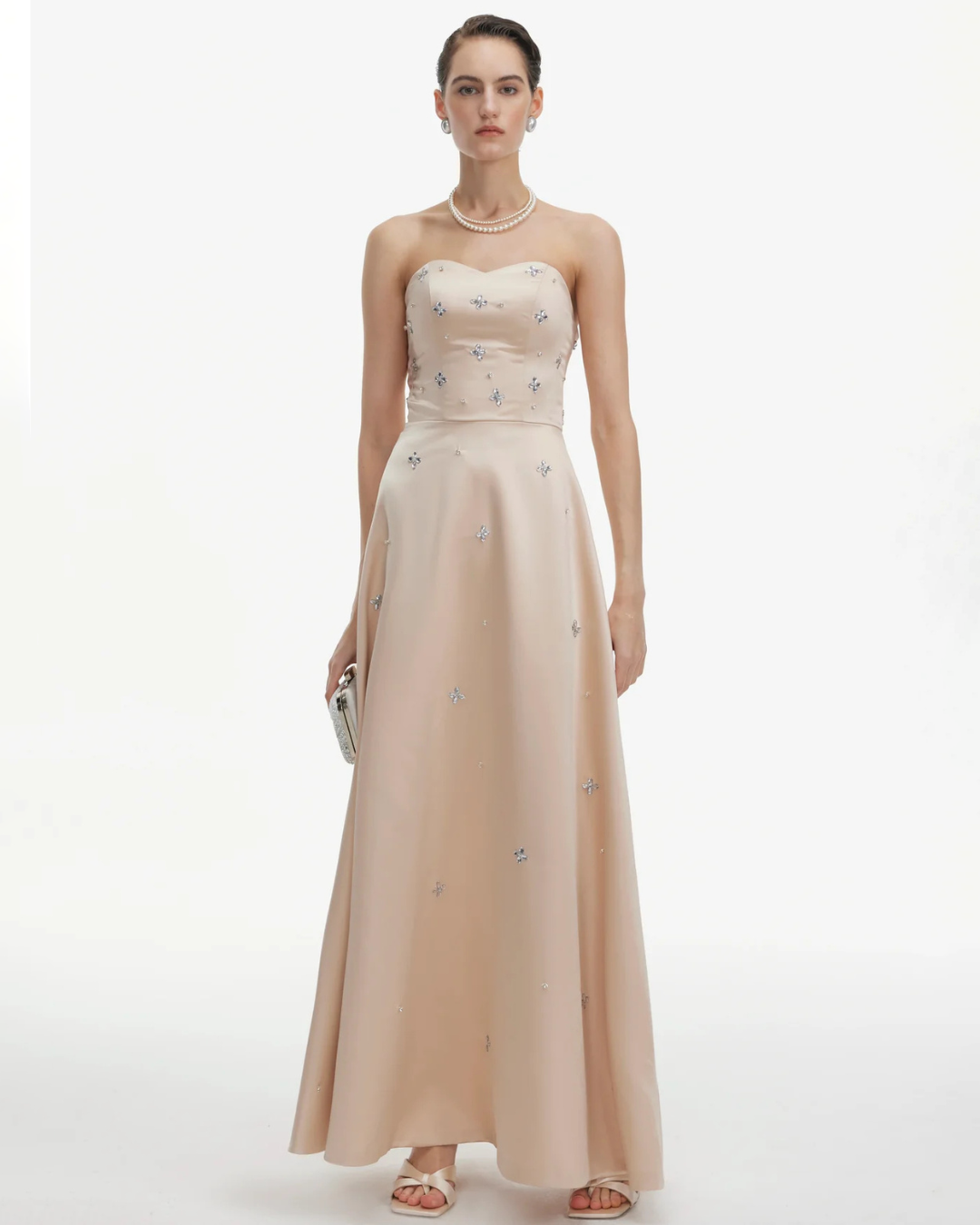 Elegant Embellishments Strapless Satin Maxi Dress