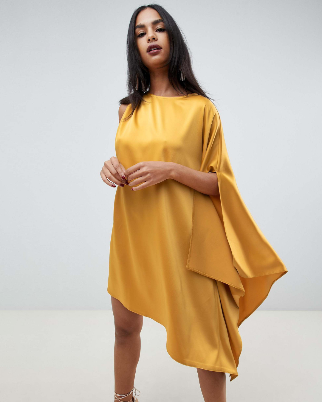 One Shoulder Drape Satin Midi Dress