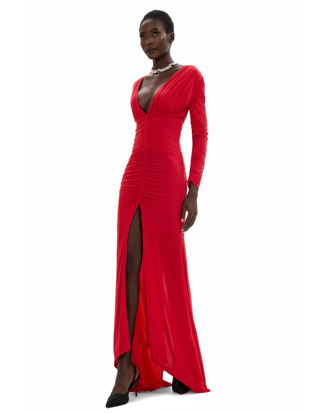 V-neck Slit Long Sleeve Maxi Dress