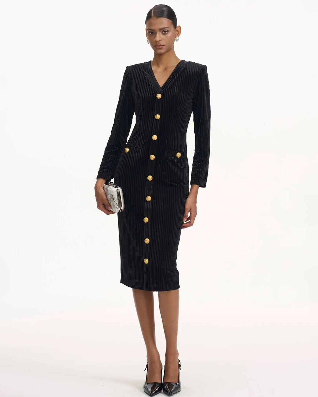 Gold Buttons Elegant Midi Dress