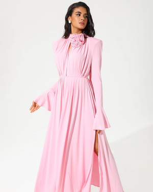 Lantern Sleeve High Collar Flower Slit Midi Dress