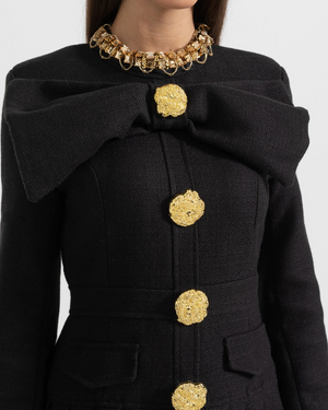 Large Decorative Gold Buttons And Neckline Bow Dress