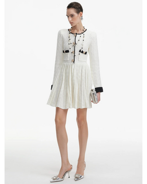 Pleated Knit Mini Dress with Pearl Buttons