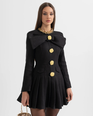 Large Decorative Gold Buttons And Neckline Bow Dress