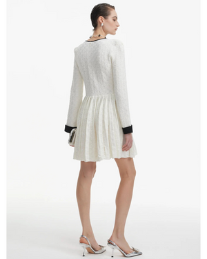 Pleated Knit Mini Dress with Pearl Buttons