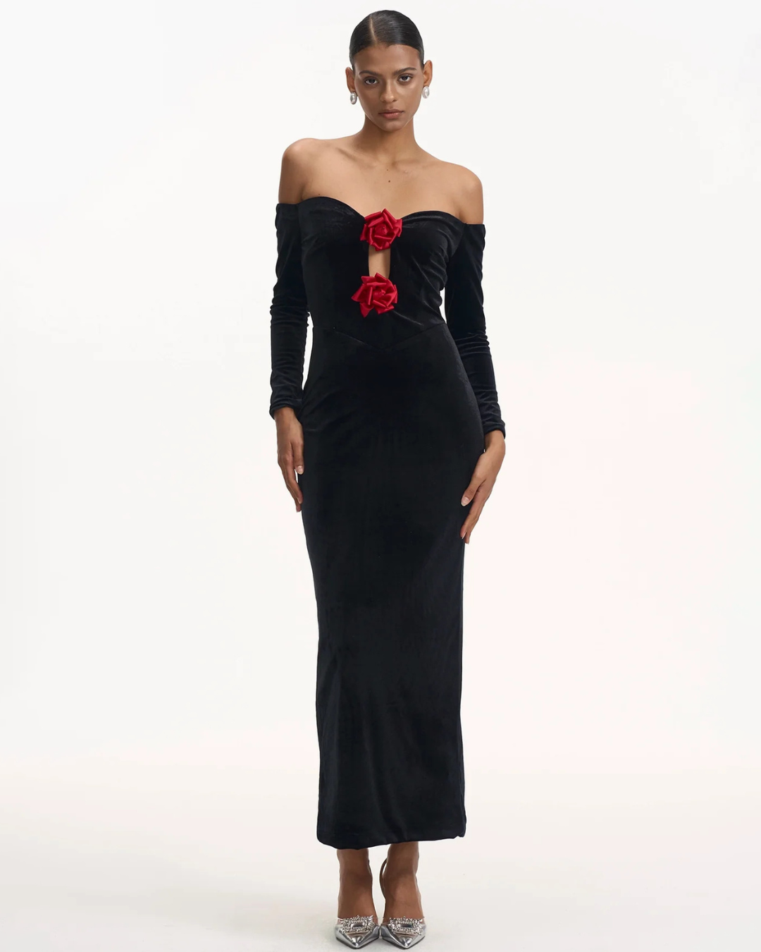 RoseVelvet Off-the-Shoulder Maxi Dress