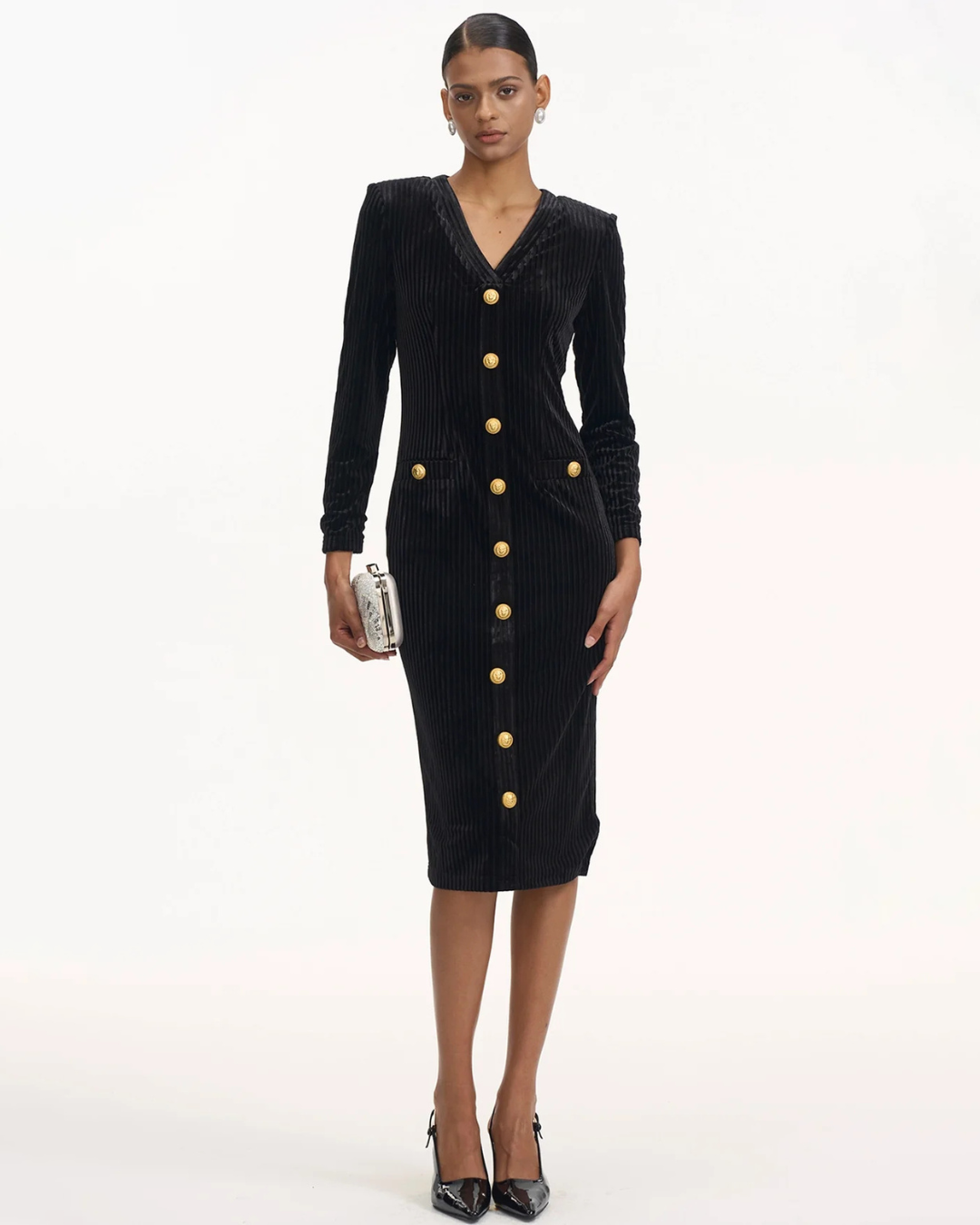 Gold Buttons Elegant Midi Dress