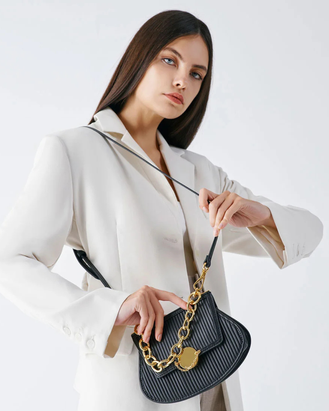 Paneled Chain Handle Crossbody Bag