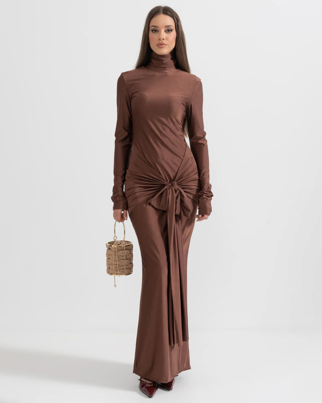 Draped Long High Neck Long Dress