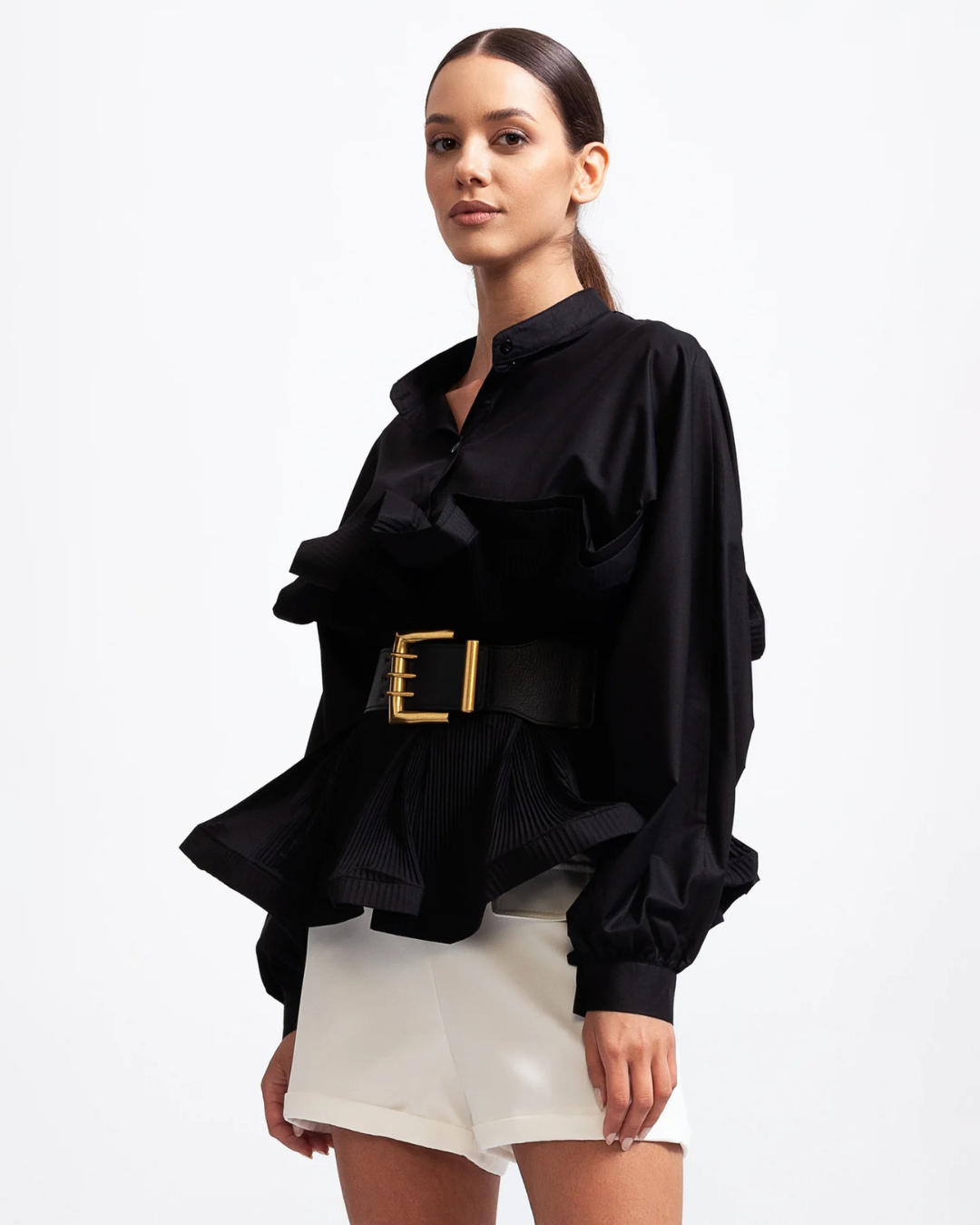 Ruffle Shirt with Massive Belt Blouse