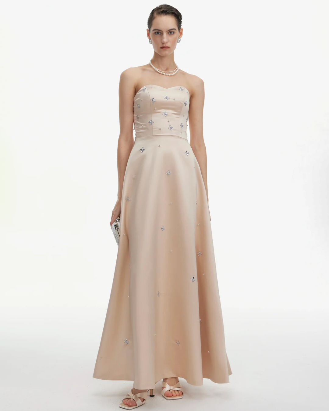 Elegant Embellishments Strapless Satin Maxi Dress