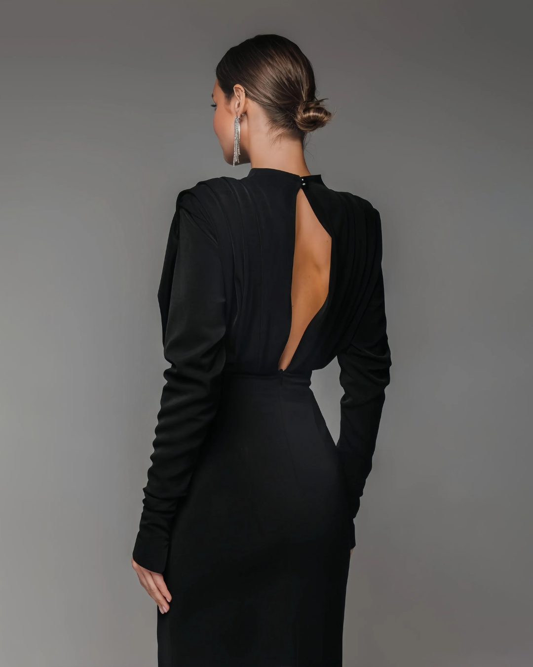 Solid High Split Long Sleeve Midi Dress