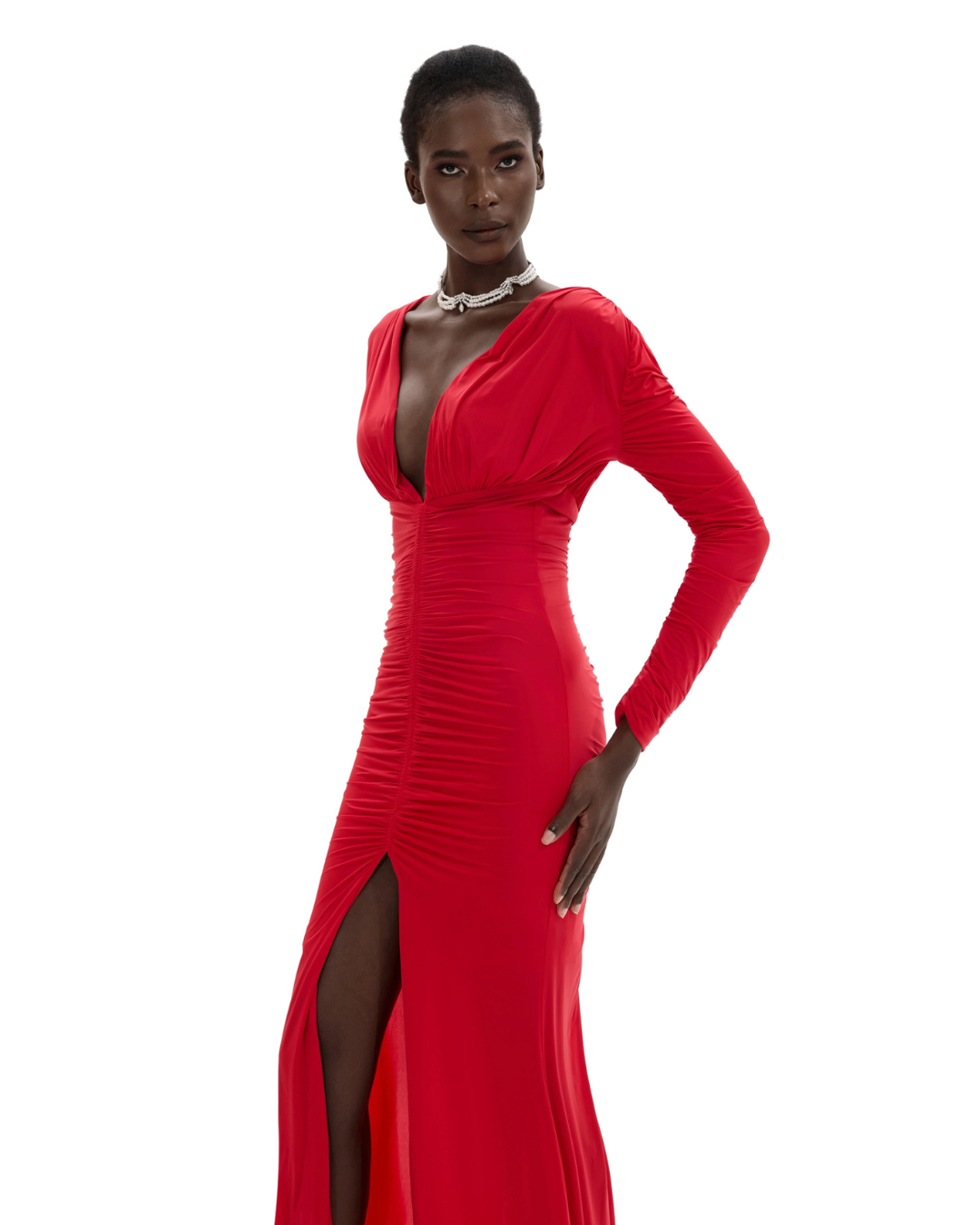 V-neck Slit Long Sleeve Maxi Dress