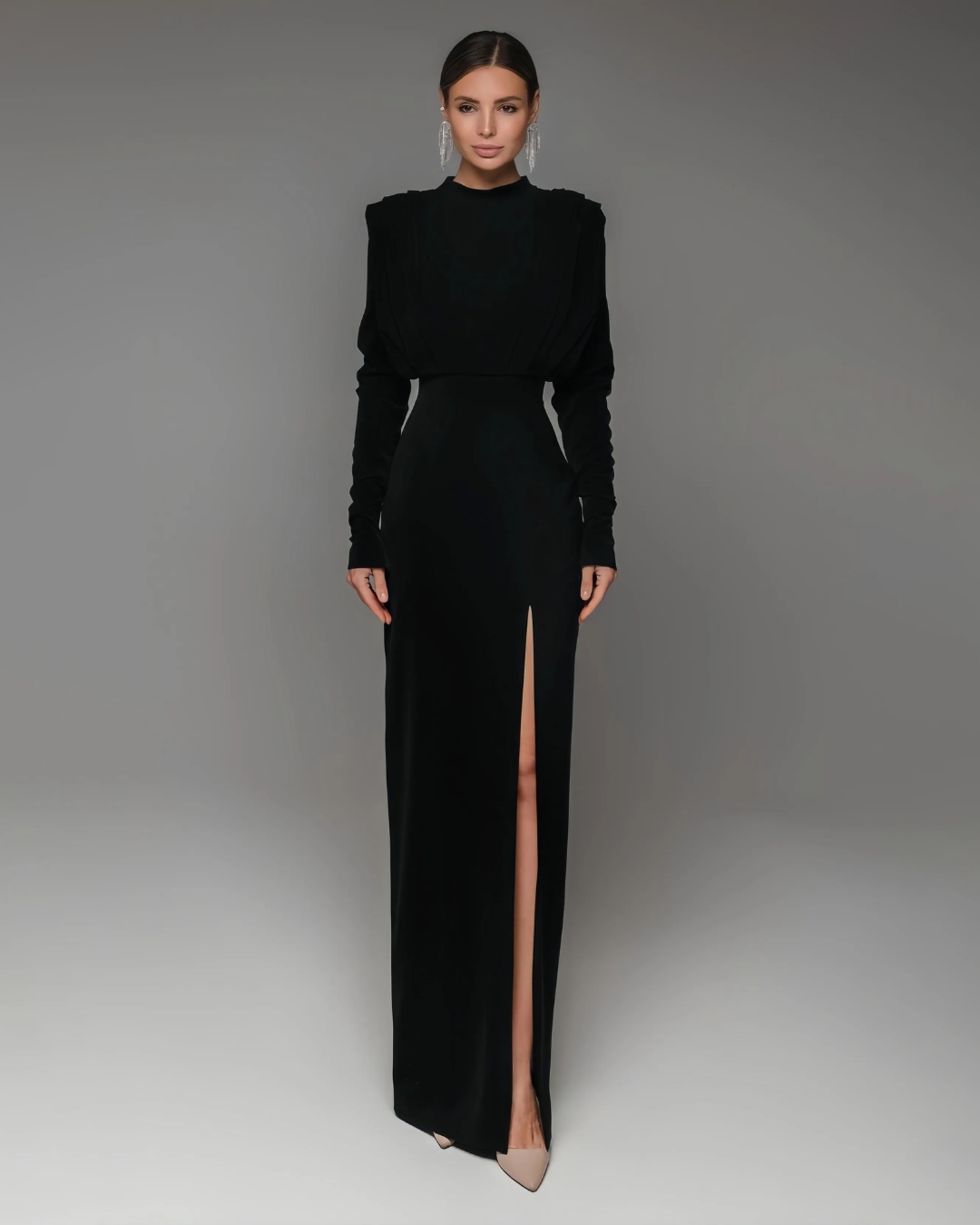 Solid High Split Long Sleeve Midi Dress