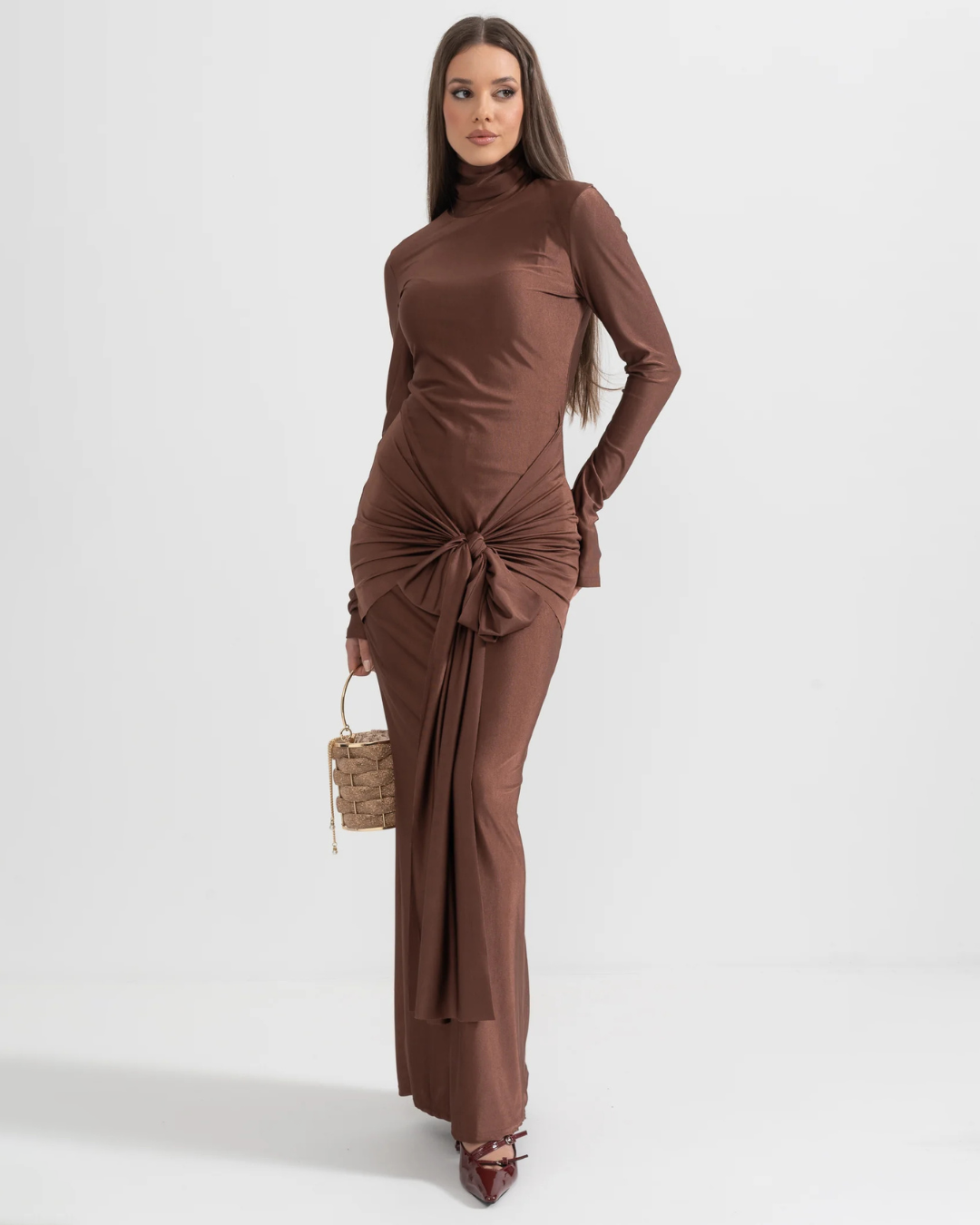 Draped Long High Neck Long Dress