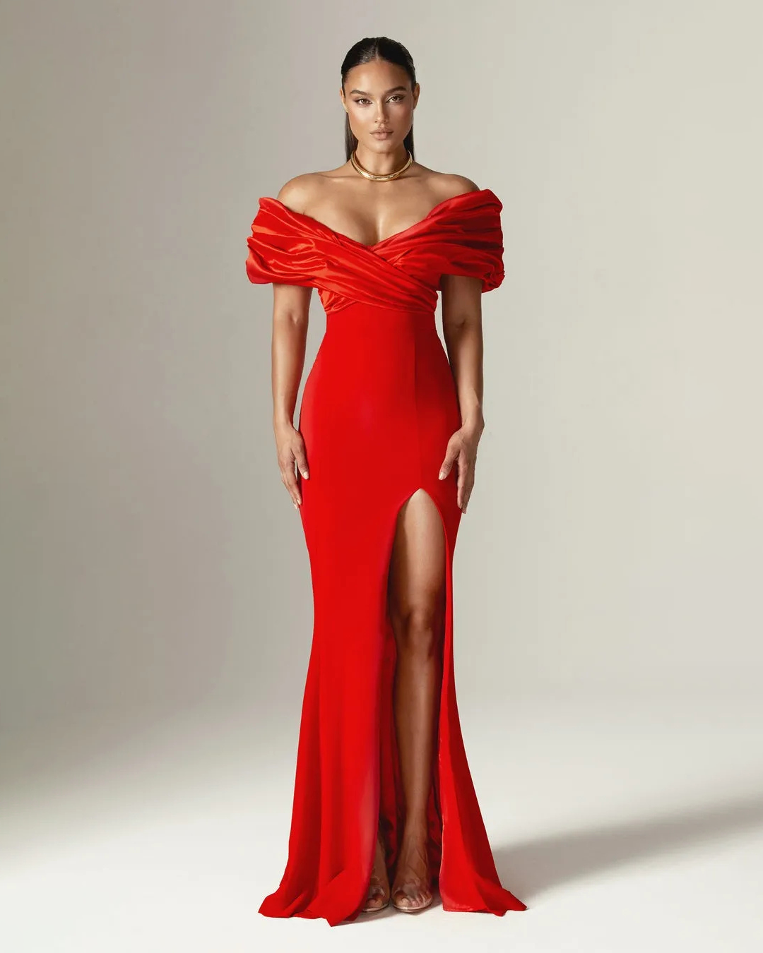 Sophia Off Shoulder Ruched Maxi Slit Dress