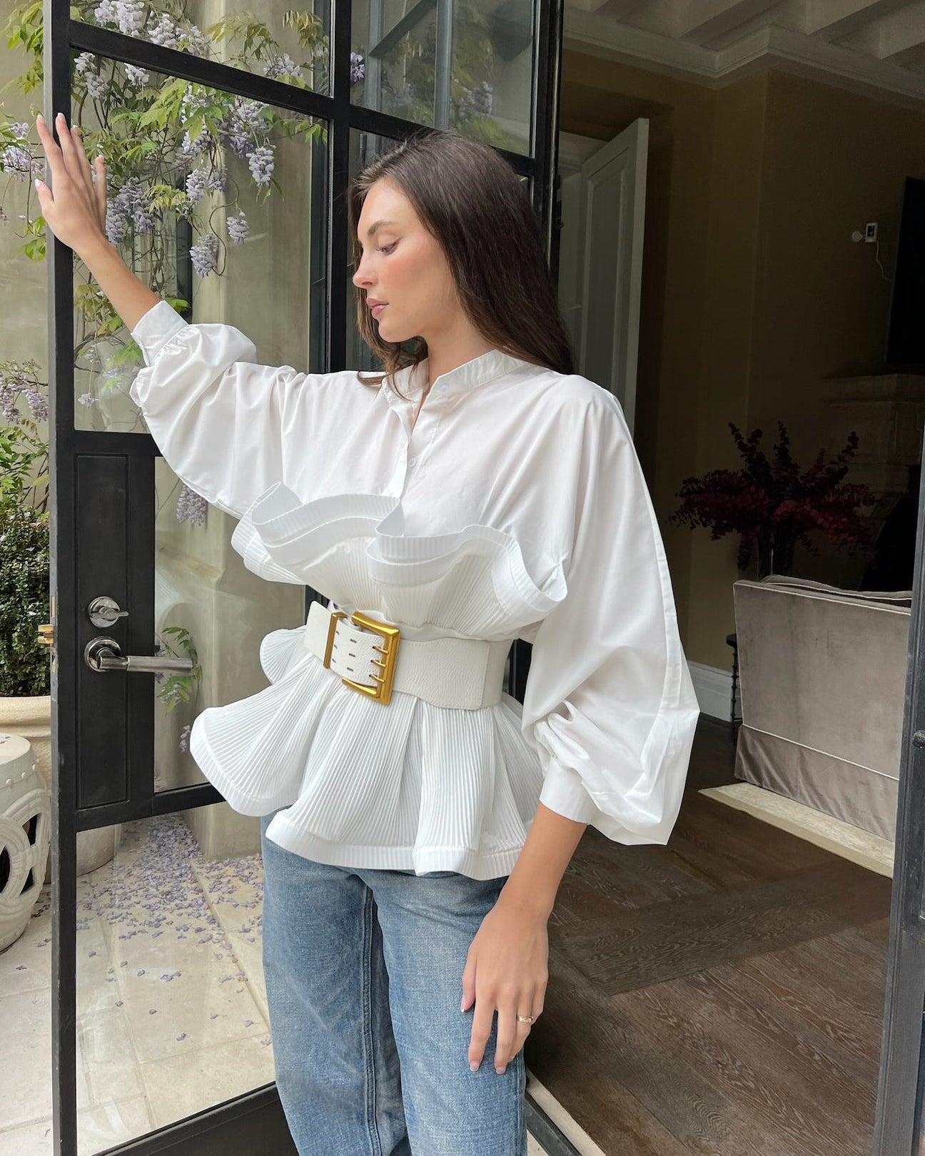 Ruffle Shirt with Massive Belt Blouse