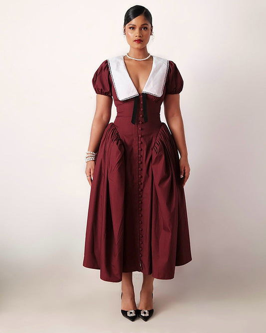 Athena Doll Collar Puff Sleeve Midi Dress